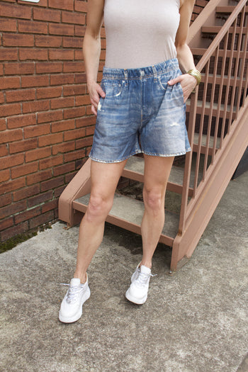 FATE Faux Denim Print French Terry Knit Shorts in Denim Blue