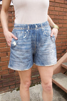 FATE Faux Denim Print French Terry Knit Shorts in Denim Blue