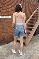 FATE Faux Denim Print French Terry Knit Shorts in Denim Blue