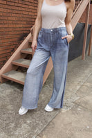 FATE Faux Denim Print French Terry Knit Pants in Denim Blue