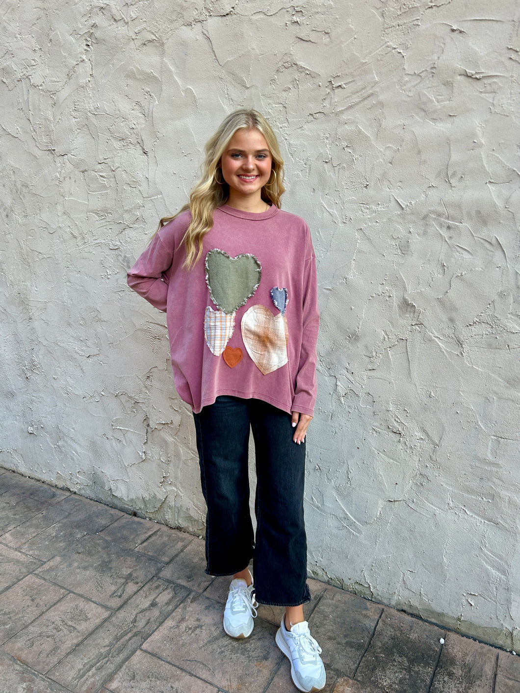 Easel OVERSIZED Heart Patched Knit Top in Mauve