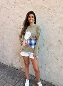 Easel OVERSIZED Heart Patched Knit Top in Faded Olive