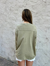 Load image into Gallery viewer, Easel OVERSIZED Heart Patched Knit Top in Faded Olive
