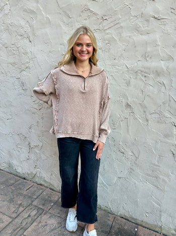 Easel Mineral Washed Ribbed Pullover Top in Mocha