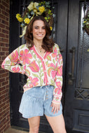 FATE Bold Floral Print Knit Cardigan in Beige Multi