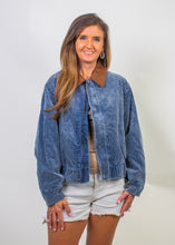 Load image into Gallery viewer, J.nna Washed Corduroy Jacket with Faux Leather Collar in Ash Navy
