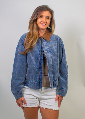 J.nna Washed Corduroy Jacket with Faux Leather Collar in Ash Navy
