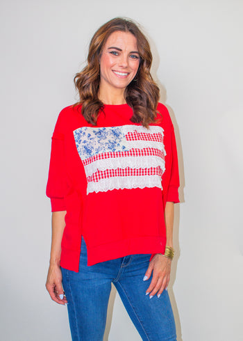 BiBi Americana Patched Front French Terry Top in Red