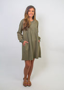 J.nna  French Terry Pinktuck Detail Mini Dress in Moss Green