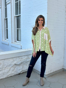 Easel Flower Patterned Cotton Gauze Top in Sage