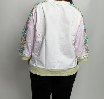 Easel Color Block Soft Washed Terry Knit Top in Vanilla Rose