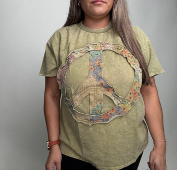J.Her Mineral Washed Peace Sign Patched Top in Avocado