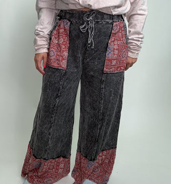 J.Her Mineral Washed Boho Pants with Paisley Print Details in Ashed Black