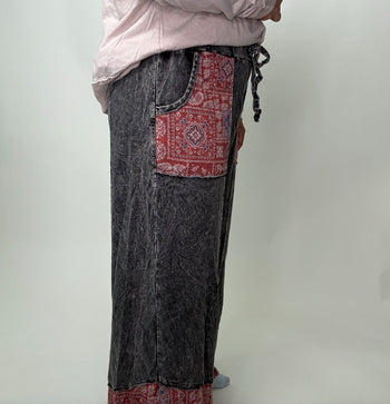 J.Her Mineral Washed Boho Pants with Paisley Print Details in Ashed Black