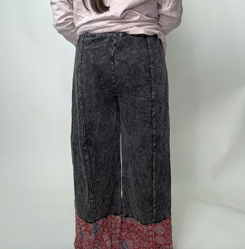 J.Her Mineral Washed Boho Pants with Paisley Print Details in Ashed Black