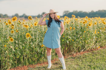 ee:some Bleach Washed Denim Mini Dress with Floral Print in Floral Denim