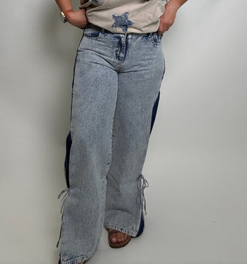 BiBi Denim Jeans with Contrasting Sides and String Bow Ties in Denim