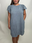 Easel Mineral Washed Dress with Wing Sleeves and Lace Details in Denim Blue
