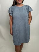 Easel Mineral Washed Dress with Wing Sleeves and Lace Details in Denim Blue
