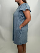 Easel Mineral Washed Dress with Wing Sleeves and Lace Details in Denim Blue