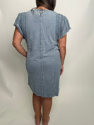 Easel Mineral Washed Dress with Wing Sleeves and Lace Details in Denim Blue