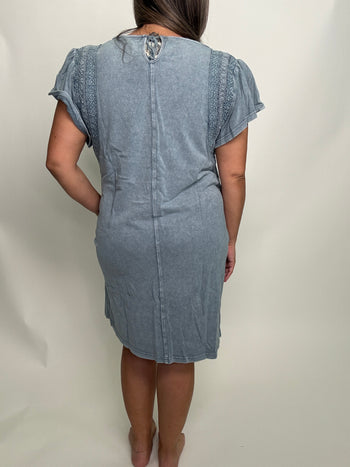 Easel Mineral Washed Dress with Wing Sleeves and Lace Details in Denim Blue
