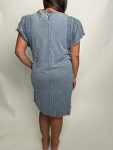 Load image into Gallery viewer, Easel Mineral Washed Dress with Wing Sleeves and Lace Details in Denim Blue

