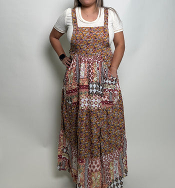 Easel Mixed Print Patchwork Overall Maxi Dress in Rust Brown