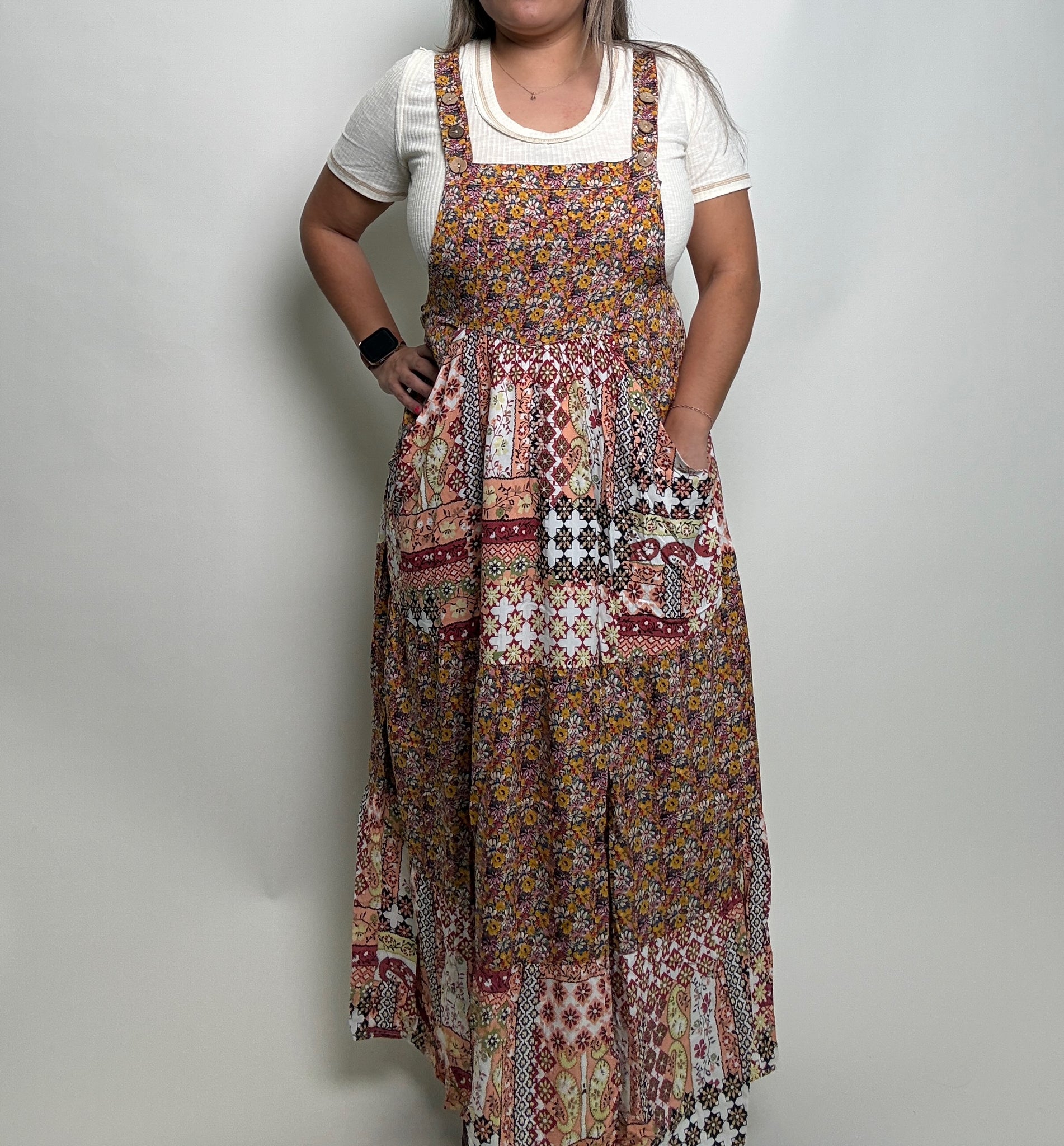 Easel Mixed Print Patchwork Overall Maxi Dress in Rust Brown L Easel Mixed Print Patchwork Overall Maxi Dress in Rust Brown L