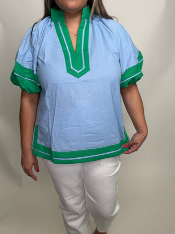 entro Solid Color Top with Contrasting Color Trim in Blue