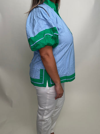 entro Solid Color Top with Contrasting Color Trim in Blue