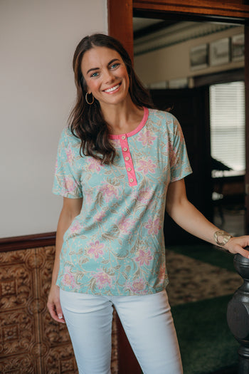 Sew in Love Floral Print Top in Blue/Pink