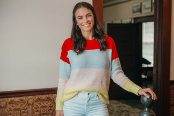 Sew in Love Multi Color Stripe Knit Sweater in Light Blue/Sunray