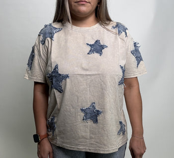 Sage+Fig OVERSIZED Top with Frayed Edge Denim Stars in Gray