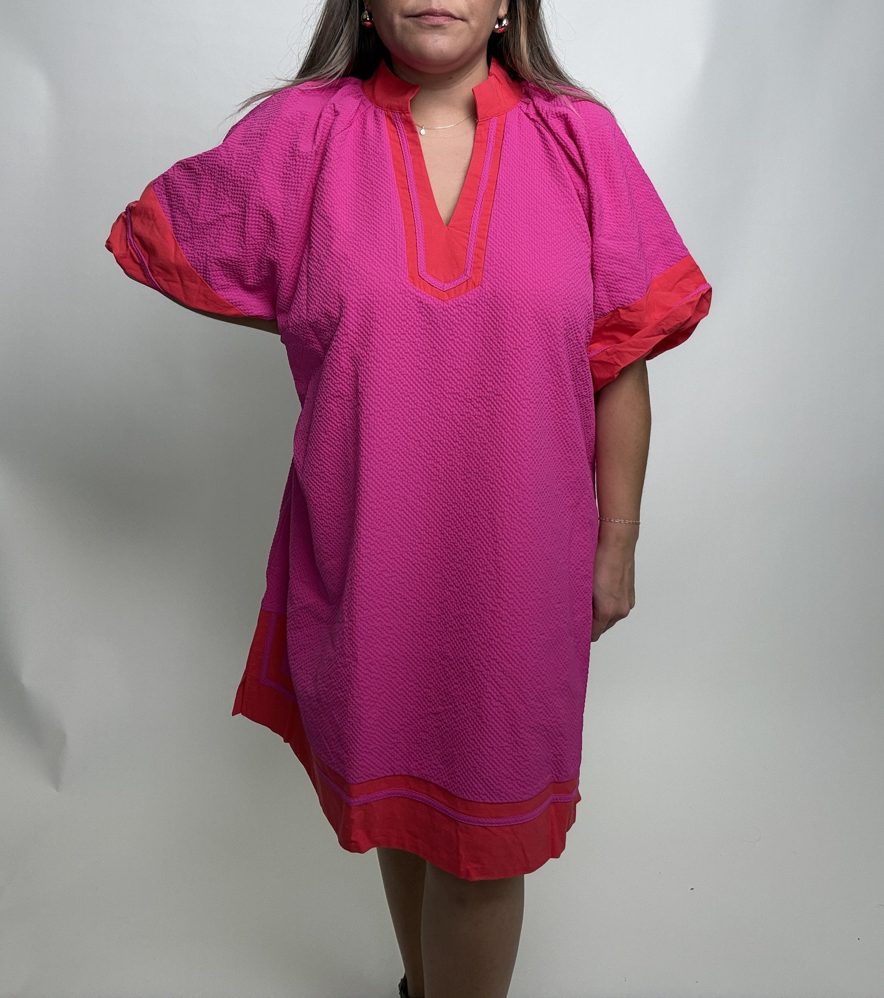 Umgee Textured Color Block Mini Dress in Fuchsia XL Umgee Textured Color Block Mini Dress in Fuchsia XL