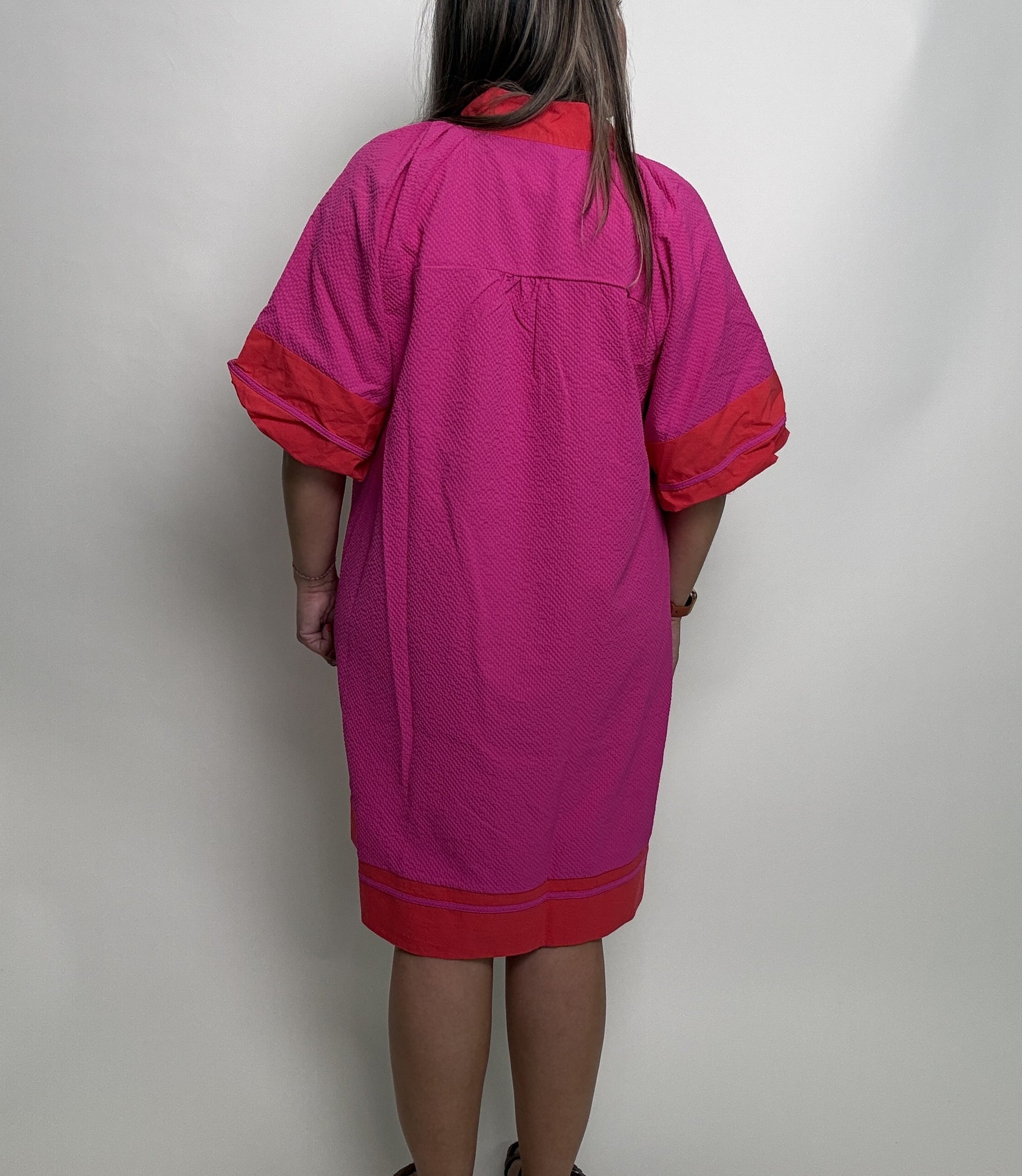 Umgee Textured Color Block Mini Dress in Fuchsia XL Umgee Textured Color Block Mini Dress in Fuchsia XL