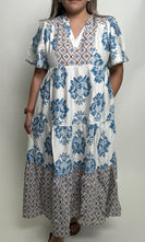 GiGio Mixed Print Tiered Midi Dress in Teal Mix