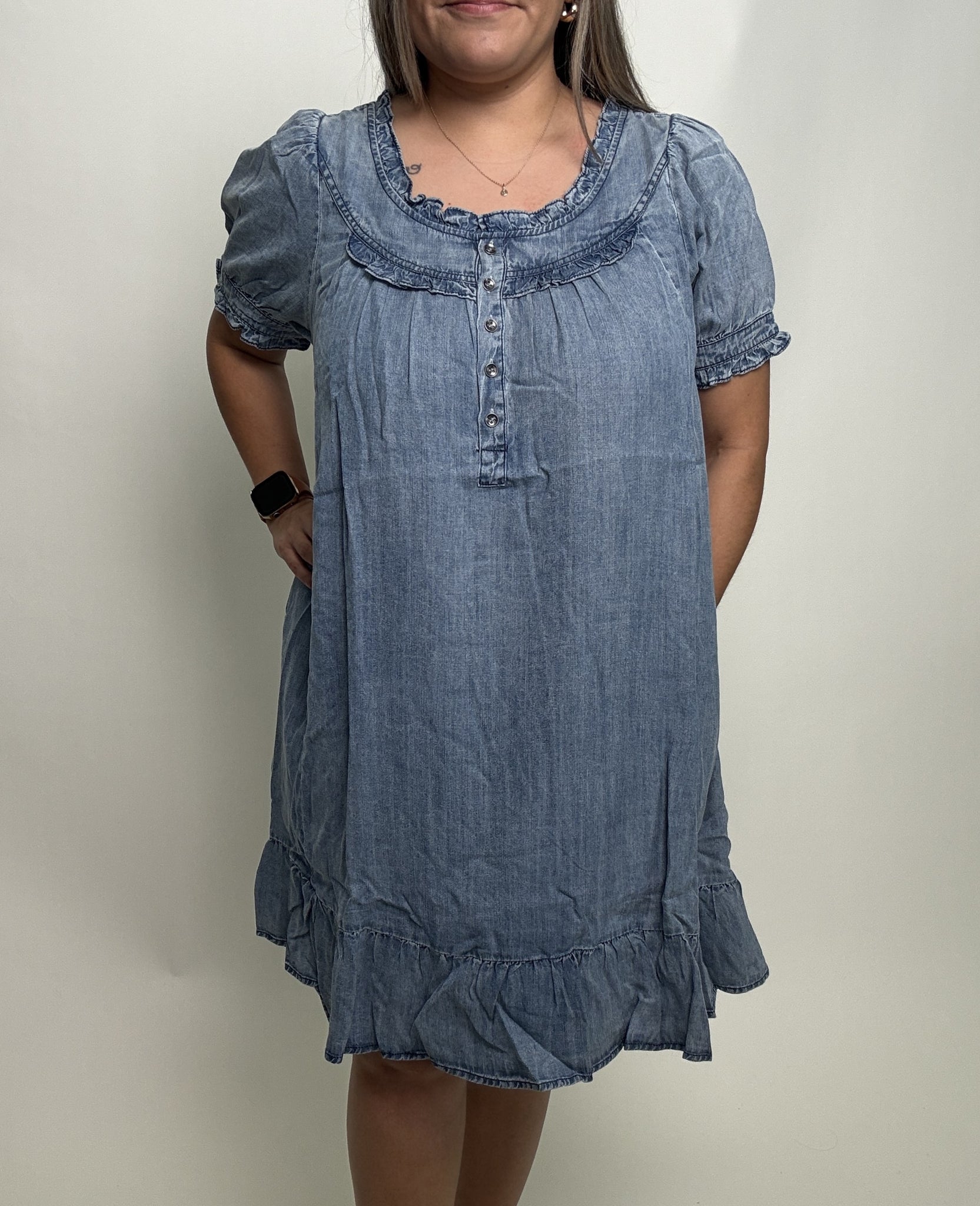 Easel Ruffled Detailed Chambray Dress in Washed Denim – June Adel