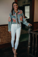 POL Sequin and Beaded Detailed Jacket in Denim
