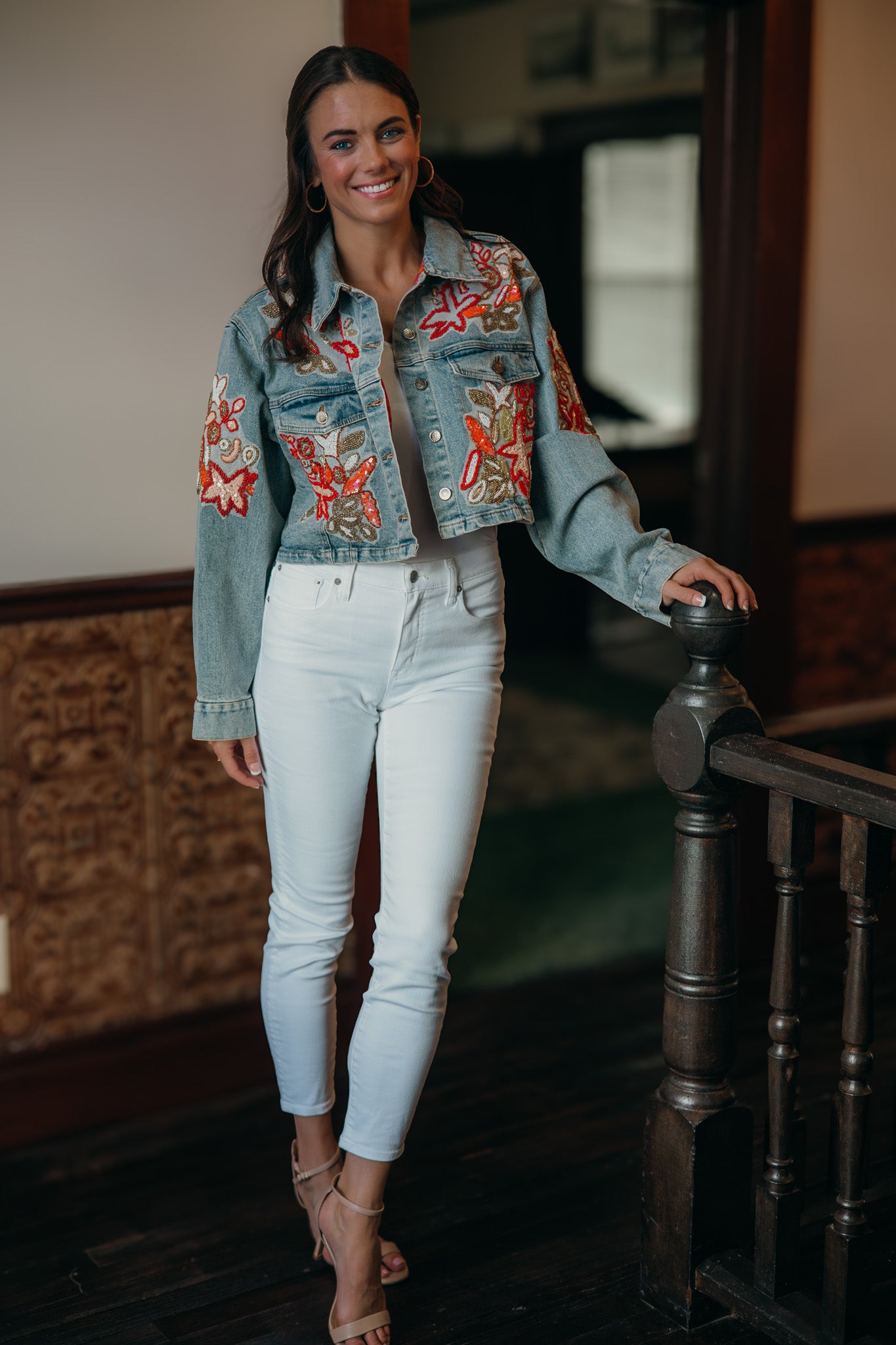 POL Sequin and Beaded Detailed Jacket in Denim M at June Adel