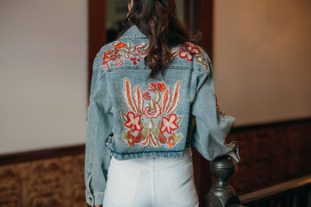 POL Sequin and Beaded Detailed Jacket in Denim