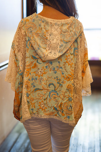 POL Mixed Floral Crochet Hoodie Top in Mint Sage Multi
