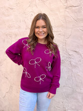 Load image into Gallery viewer, Jodifl Solid Color Knit Sweater with Pearl and Rhinestone Bows in Magenta
