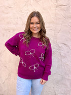 Jodifl Solid Color Knit Sweater with Pearl and Rhinestone Bows in Magenta FINAL SALE