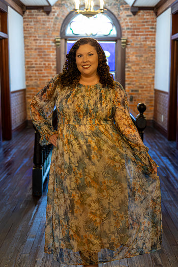 Sew in Love Smocked Metallic Floral Maxi Dress in Navy/Gold