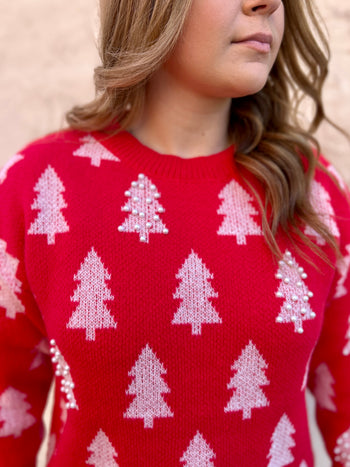 BiBi Christmas Tree Pattern Sweater with Pearl Details in Red/Ivory