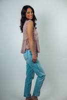 POL Sleeveless Linen Top with Embroidery Details in Pink