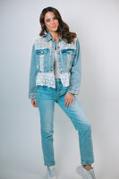 POL Woven Denim Jacket with Lace Beaded Sequin Appliques in Denim