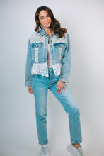 Load image into Gallery viewer, POL Woven Denim Jacket with Lace Beaded Sequin Appliques in Denim
