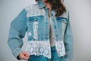 POL Woven Denim Jacket with Lace Beaded Sequin Appliques in Denim